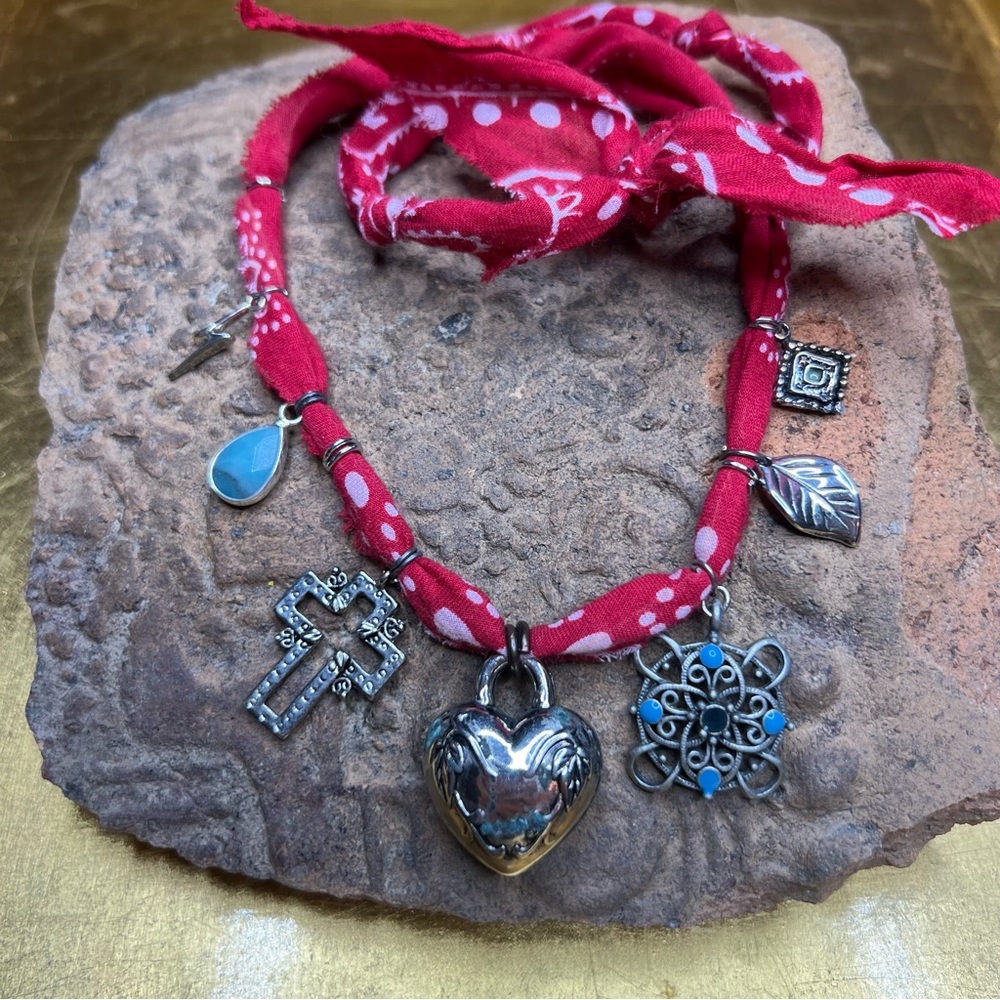 Red and Silver Tone Bandana Charm Necklace
